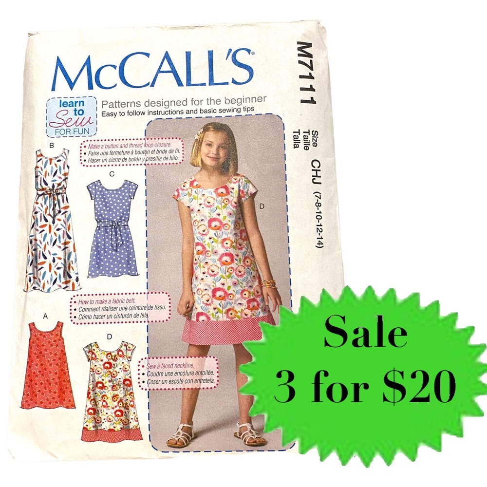MCCALL’S M7111 SEWING PATTERN girls dress pullover sundress belted a-line party